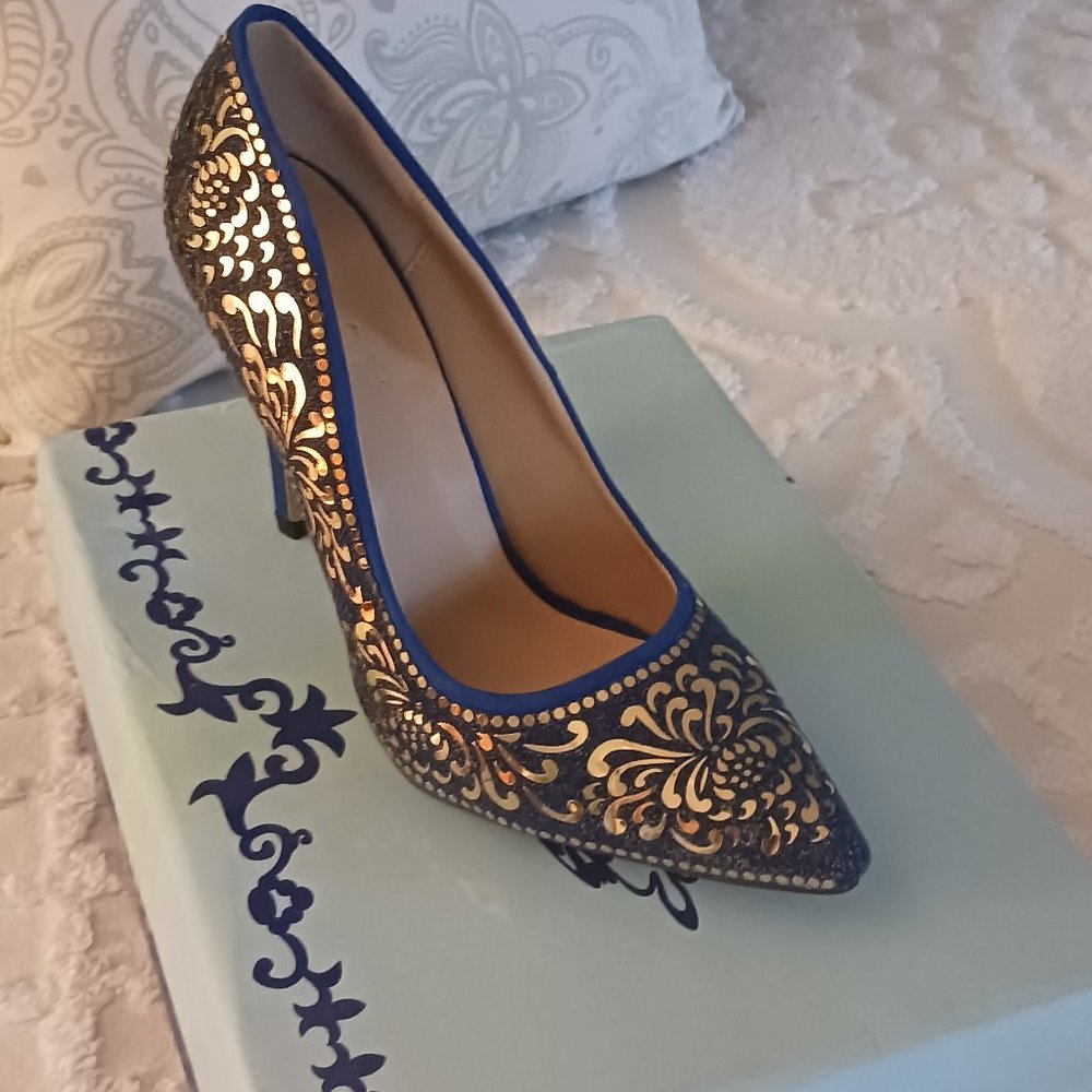 Rainbow Cat heel,  blue and gold,  size 8